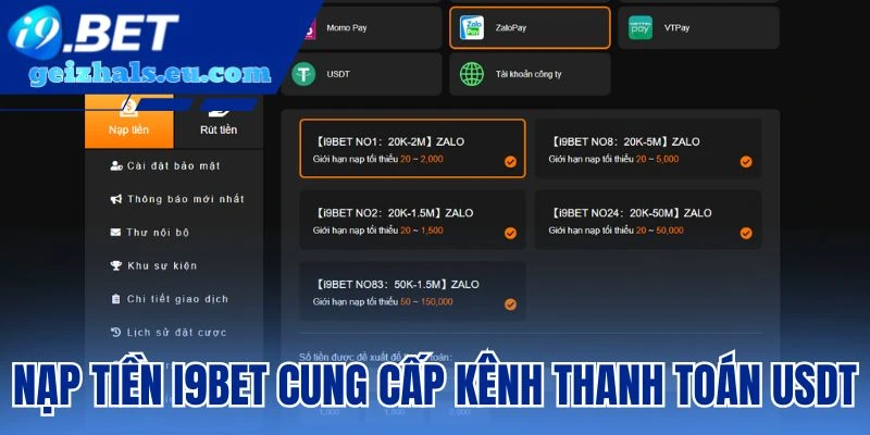 Nạp tiền I9bet cung cấp kênh thanh toán USDT